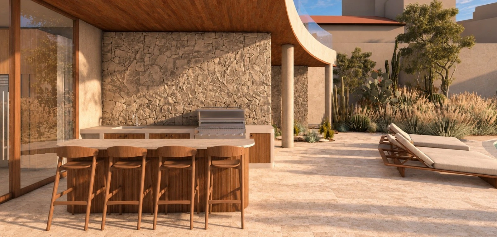 Outdoor kitchen and shaded bar — architectural rendering