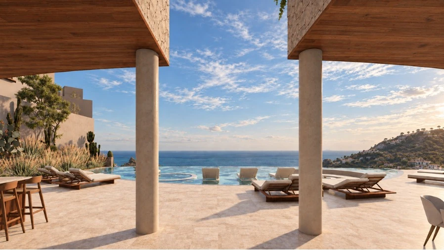 Covered terrace and ocean outlook — architectural rendering