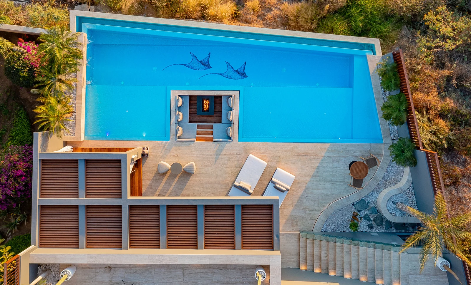 Overhead view of the pool and sunken lounge
