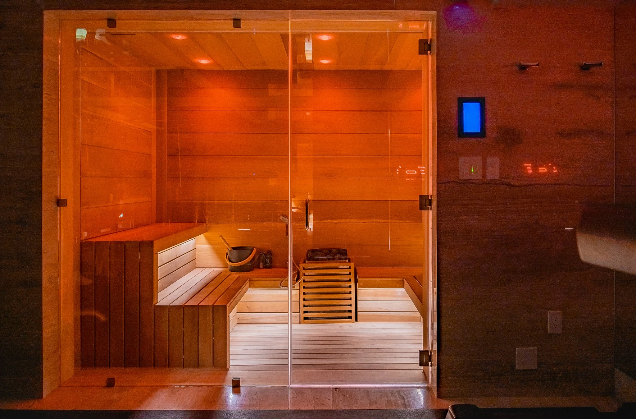 Warm wood interiors of the private sauna