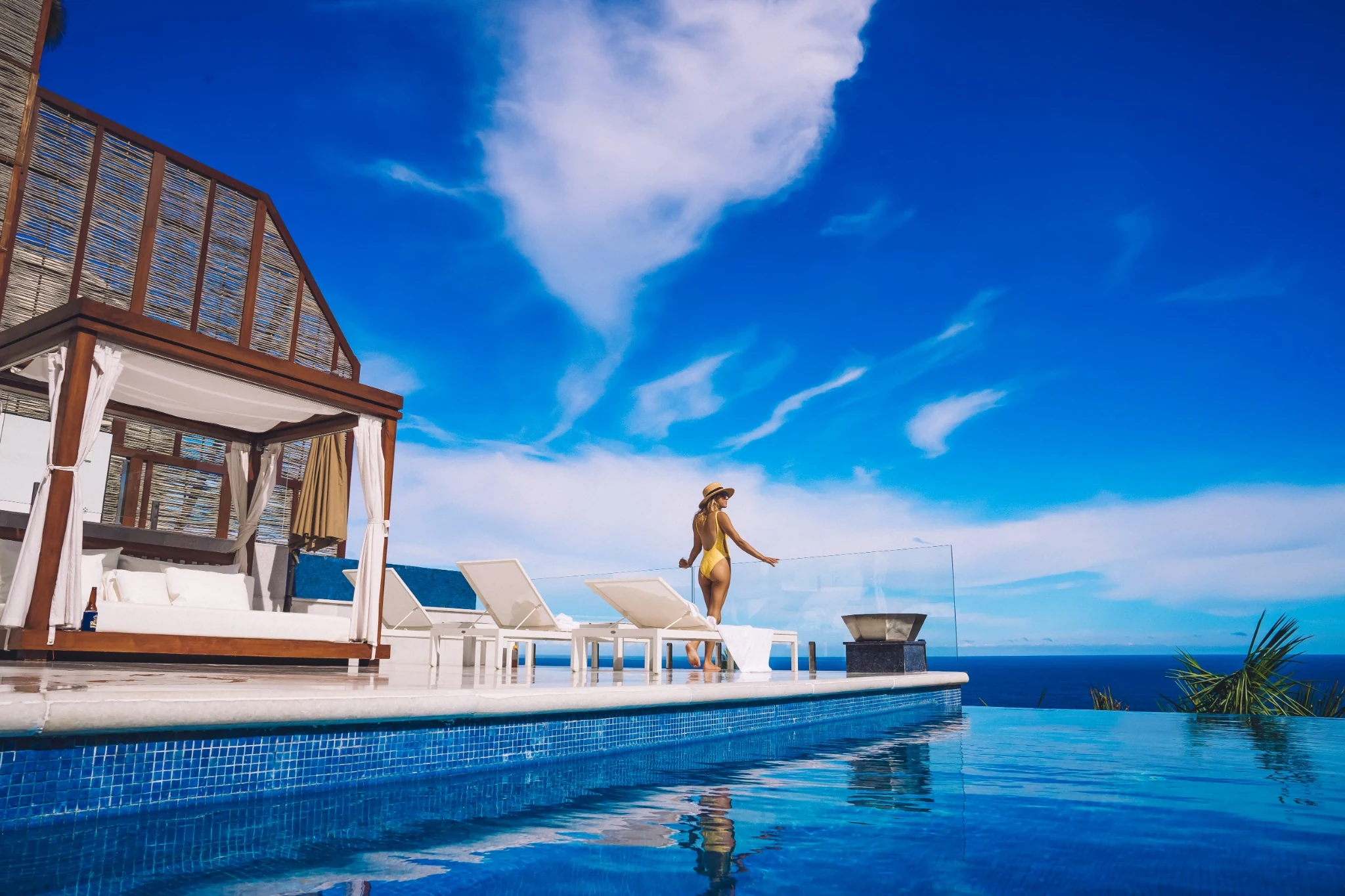 Poolside canopy and ocean horizon
