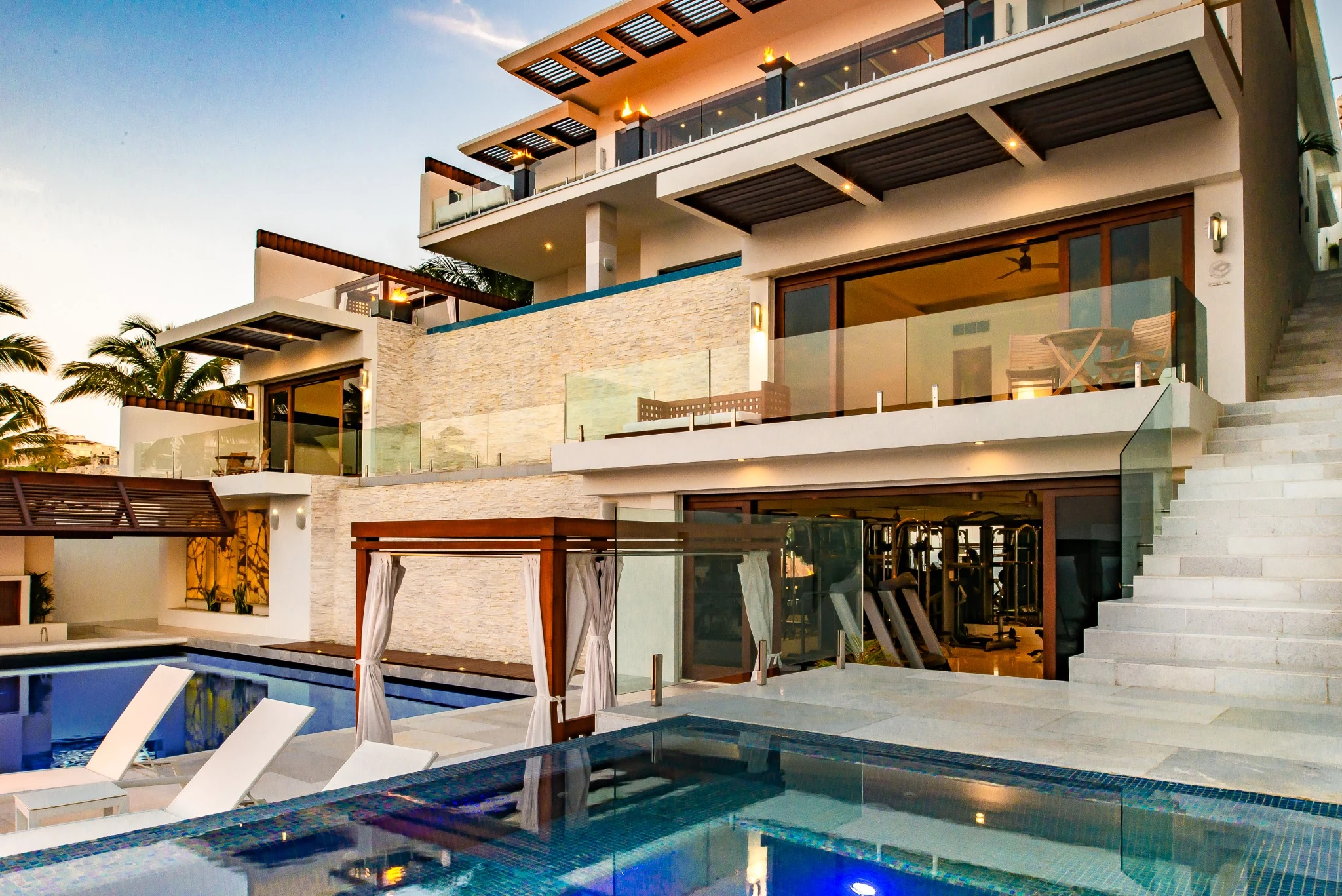 Terraced architecture overlooking the pool