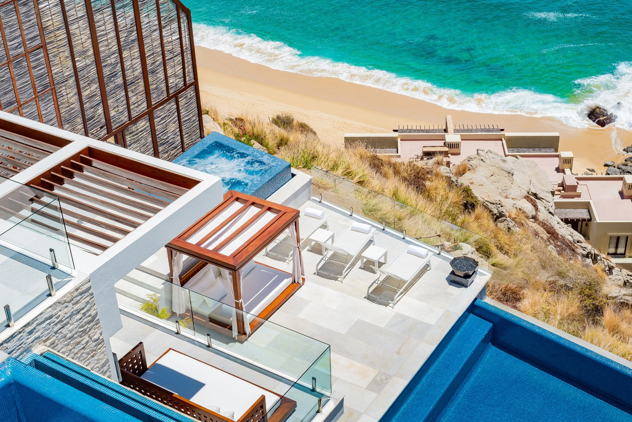 Elevated view of the terrace and Pacific coastline